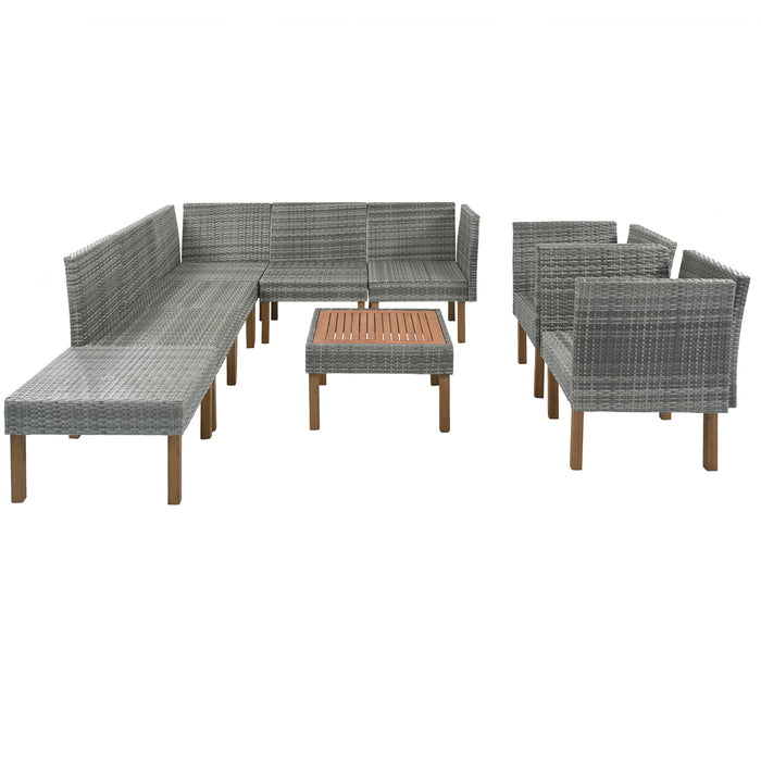 GFD Home - GO 9-Piece Outdoor Patio Garden Wicker Sofa Set, Gray PE Rattan Sofa Set, with Wood Legs, Acacia Wood Tabletop, Armrest Chairs with Gray Cushions - GreatFurnitureDeal