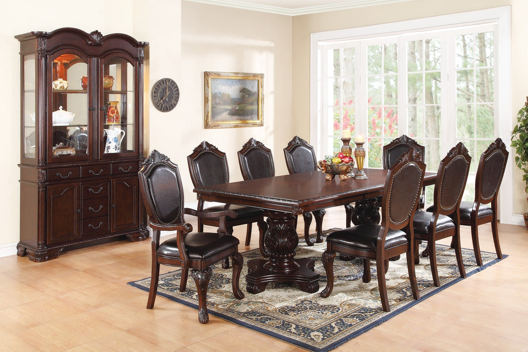 GFD House - Formal Dining Room Table w Leaf 2x Arm Chairs And 6x Side Chairs Brown 9pc Set Dining Table Double Pedestal Base Royal Rectangle Table - GreatFurnitureDeal