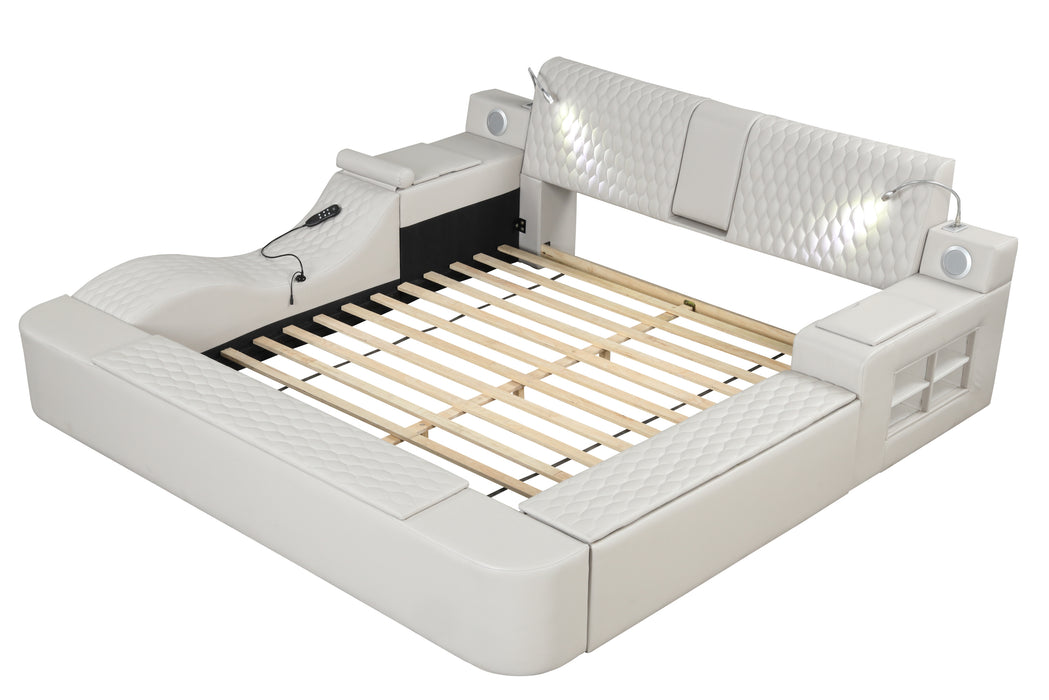 GFD Home - Zoya Smart Multifunctional Queen Size Bed Made with Wood in White - GreatFurnitureDeal