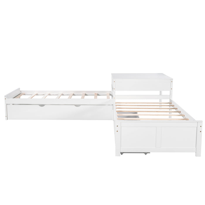 GFD Home - L-shaped Platform Bed with Trundle and Drawers Linked with built-in Desk,Twin,White - GreatFurnitureDeal