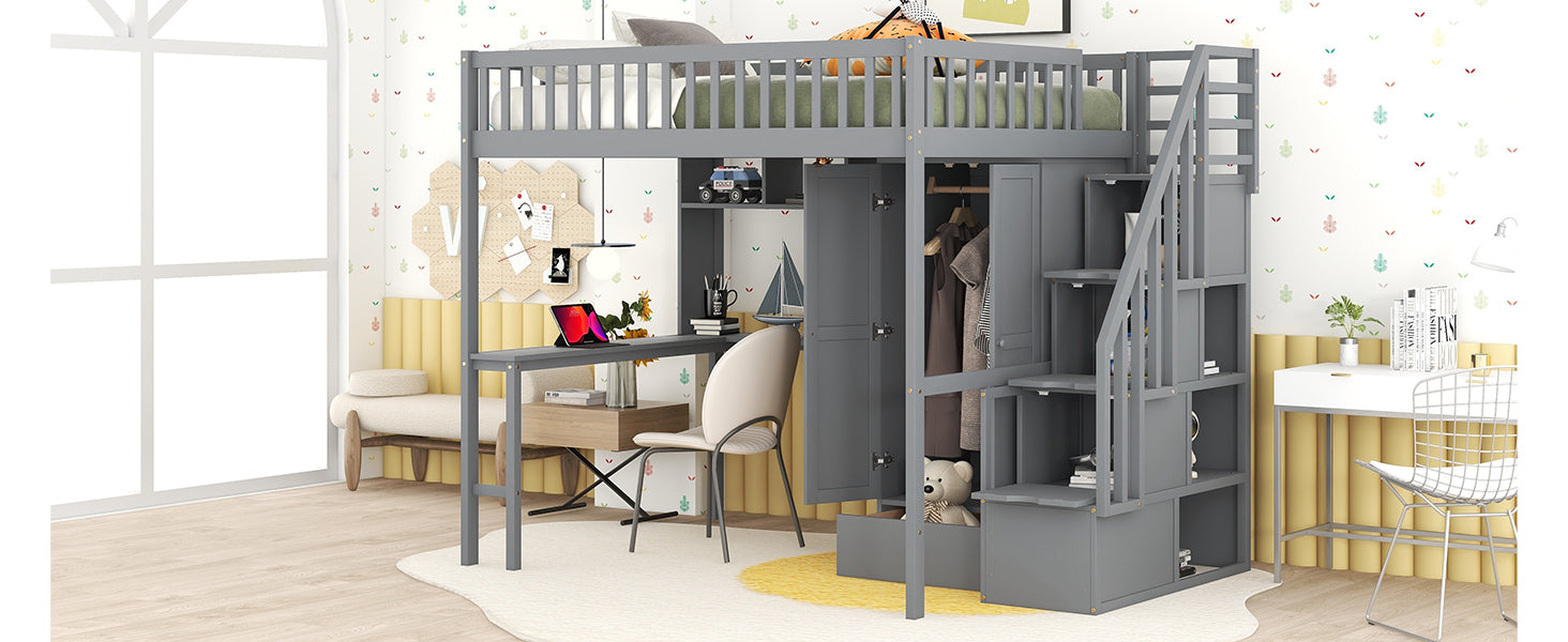 GFD Home - Full size Loft Bed with Bookshelf,Drawers,Desk,and Wardrobe-Gray - GreatFurnitureDeal