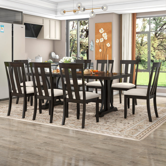 GFD Home - TREXM 9-Piece Retro Style Dining Table Set 78" Wood Rectangular Table and 8 Dining Chairs for Dining Room (Espresso) - GreatFurnitureDeal