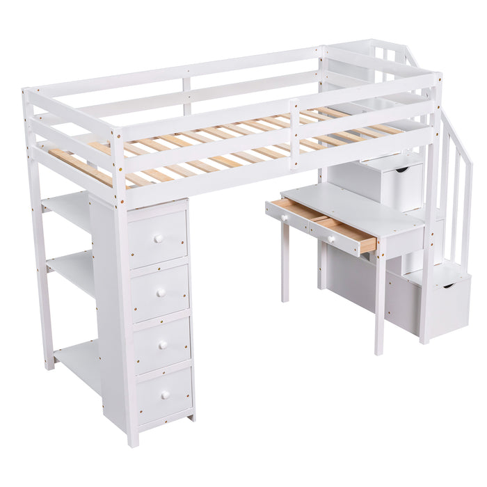 GFD Home - Twin size Loft Bed with Storage Drawers ,Desk and Stairs, Wooden Loft Bed with Shelves - White - GreatFurnitureDeal