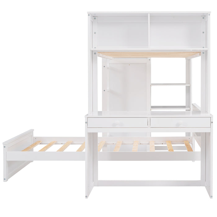 GFD Home - Twin size Loft Bed with a Stand-alone bed, Shelves,Desk,and Wardrobe-White - GreatFurnitureDeal