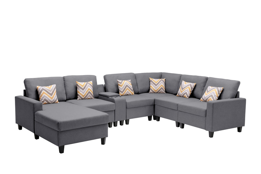 GFD Home - Nolan Gray Linen Fabric 7Pc Reversible Chaise Sectional Sofa with a USB, Charging Ports, Cupholders, Storage Console Table and Pillows and Interchangeable Legs - GreatFurnitureDeal