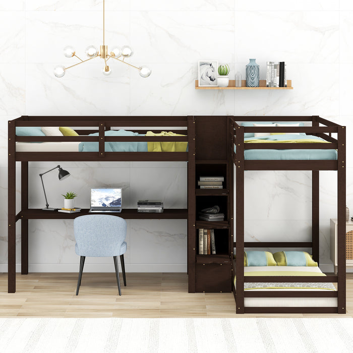 GFD Home - L-Shaped Twin Size Bunk Bed and Loft Bed with Built-in Middle Staircase and Desk,Espresso - GreatFurnitureDeal