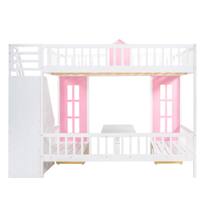 GFD Home - Full-Over-Full Bunk Bed with Changeable Table , Bunk Bed Turn into Upper Bed and Down Desk - Pink - GreatFurnitureDeal