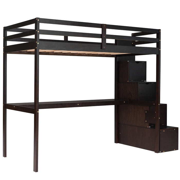 GFD Home - L-Shaped Twin Size Bunk Bed and Loft Bed with Built-in Middle Staircase and Desk,Espresso - GreatFurnitureDeal