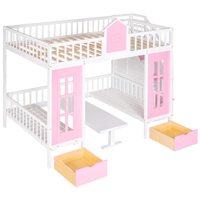 GFD Home - Full-Over-Full Bunk Bed with Changeable Table , Bunk Bed Turn into Upper Bed and Down Desk - Pink - GreatFurnitureDeal