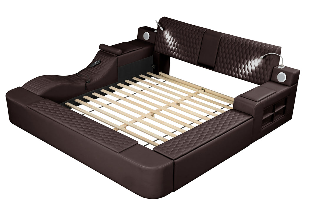 GFD Home - Zoya Smart Multifunctional Queen Size Bed Made with Wood in Brown - GreatFurnitureDeal