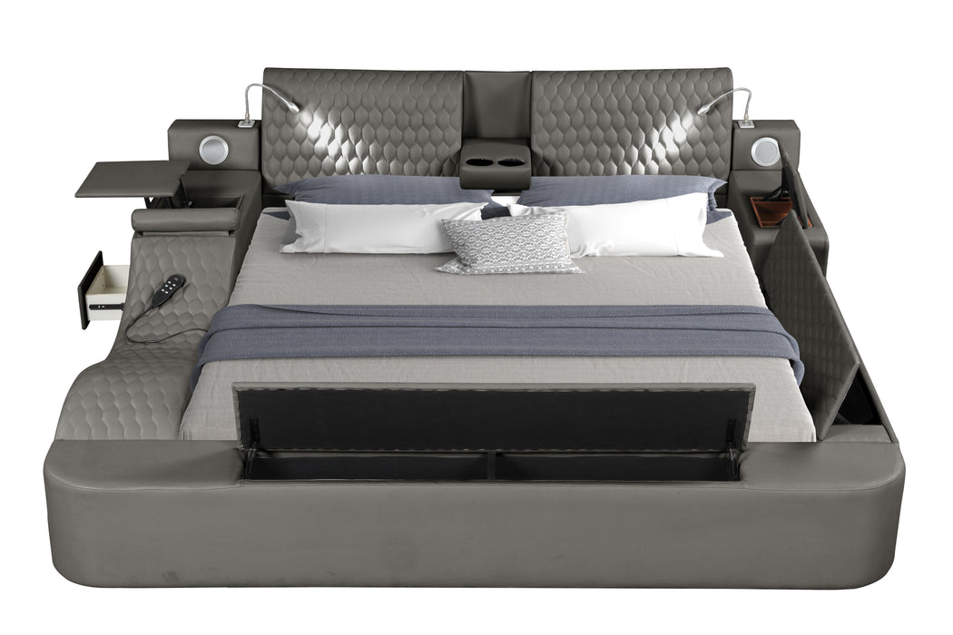 GFD Home - Zoya Smart Multifunctional King Size Bed Made with Wood in Gray - GreatFurnitureDeal