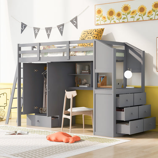 GFD Home - Twin Size Loft Bed with Wardrobe and Drawers, attached Desk with Shelves, Gray - GreatFurnitureDeal