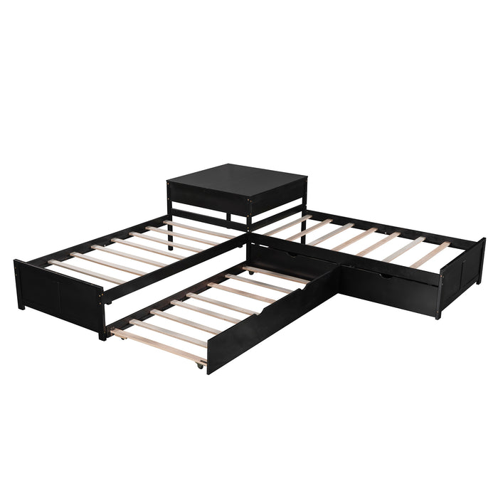 GFD Home - L-shaped Platform Bed with Trundle and Drawers Linked with built-in Desk,Twin,Espresso - GreatFurnitureDeal