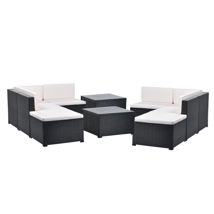 GFD Home - GO 10-Piece Patio Rattan PE Wicker Furniture Corner Sofa Set, with 4 Sofa chairs, 2 Corner chair, 2 ottoman and 2 glass coffee table, Sectional Sofa Chair, Seating, Lying(Black Wicker, Beige Cushion) - GreatFurnitureDeal