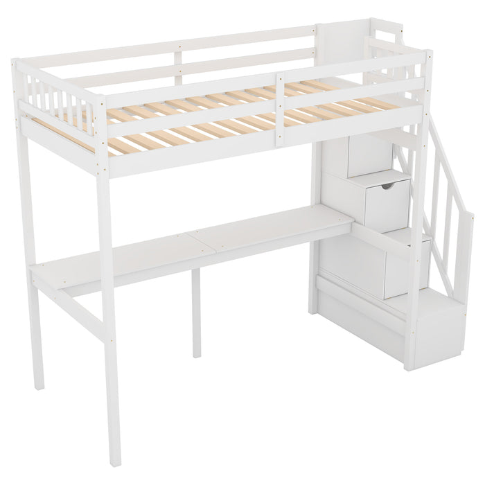 GFD Home - Twin Size Loft Bed with Storage Staircase and Built-in Desk, White (Old SKU:GX000903AAK) - GreatFurnitureDeal