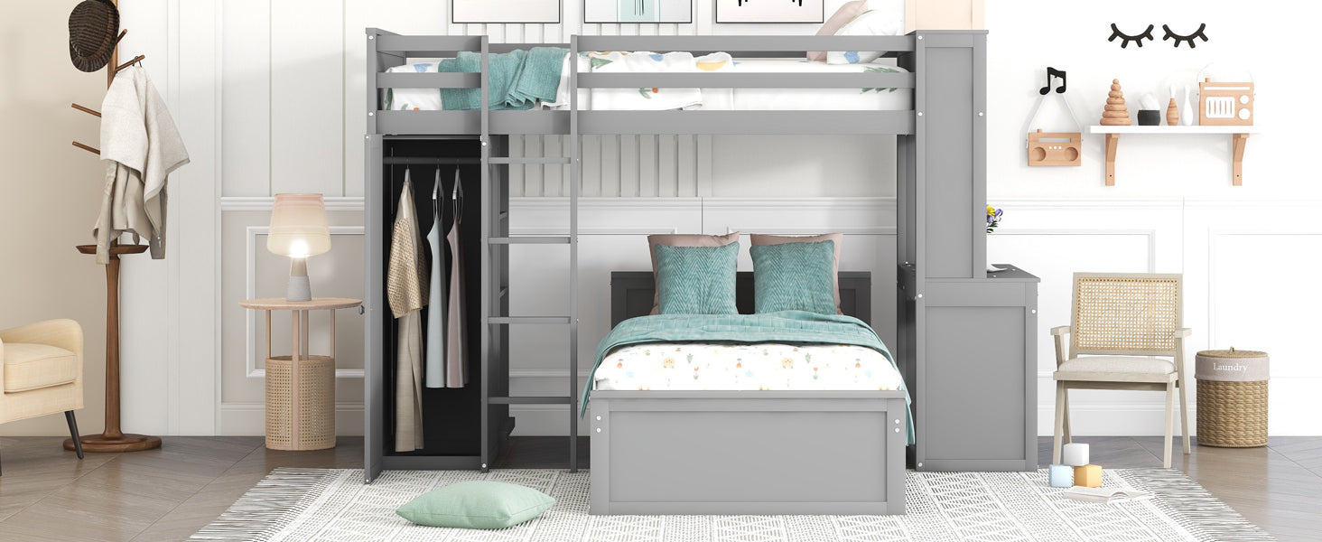 GFD Home - Twin size Loft Bed with a Stand-alone bed, Shelves,Desk,and Wardrobe-Gray - GreatFurnitureDeal