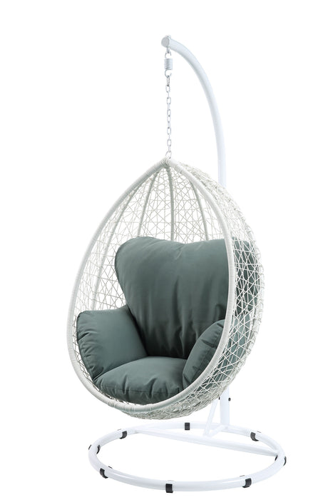 GFD Home - Metal Patio Swing Chair with Cushioned Seating and Round Base, White and Gray - GreatFurnitureDeal