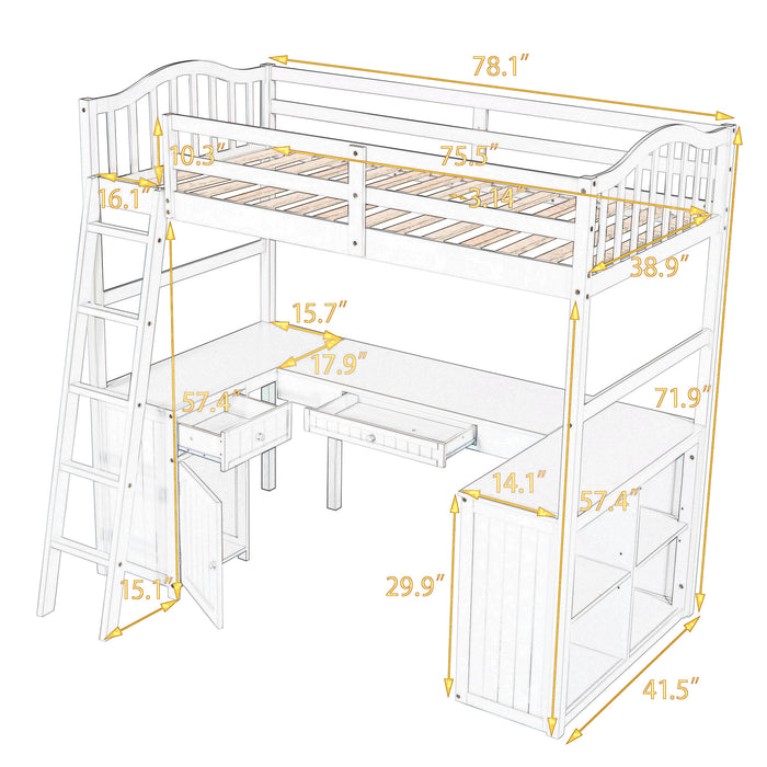 GFD Home - Twin size Loft Bed with Drawers, Cabinet, Shelves and Desk, Wooden Loft Bed with Desk - Gray (OLD SKU :LP000505AAE) - GreatFurnitureDeal