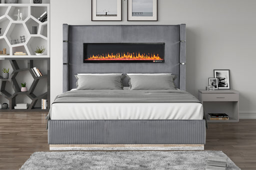 GFD Home - Lizelle Upholstery Wooden Queen Bed with Ambient lighting in Gray Velvet Finish - GreatFurnitureDeal