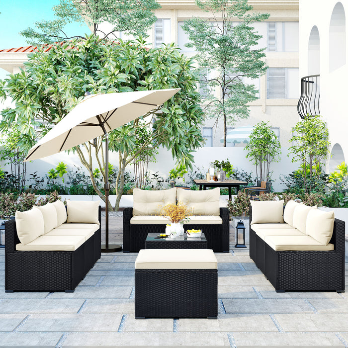 GFD Home - GO 9-piece Outdoor Patio Large Wicker Sofa Set, Rattan Sofa set for Garden, Backyard,Porch and Poolside, Black wicker, Beige Cushion - GreatFurnitureDeal