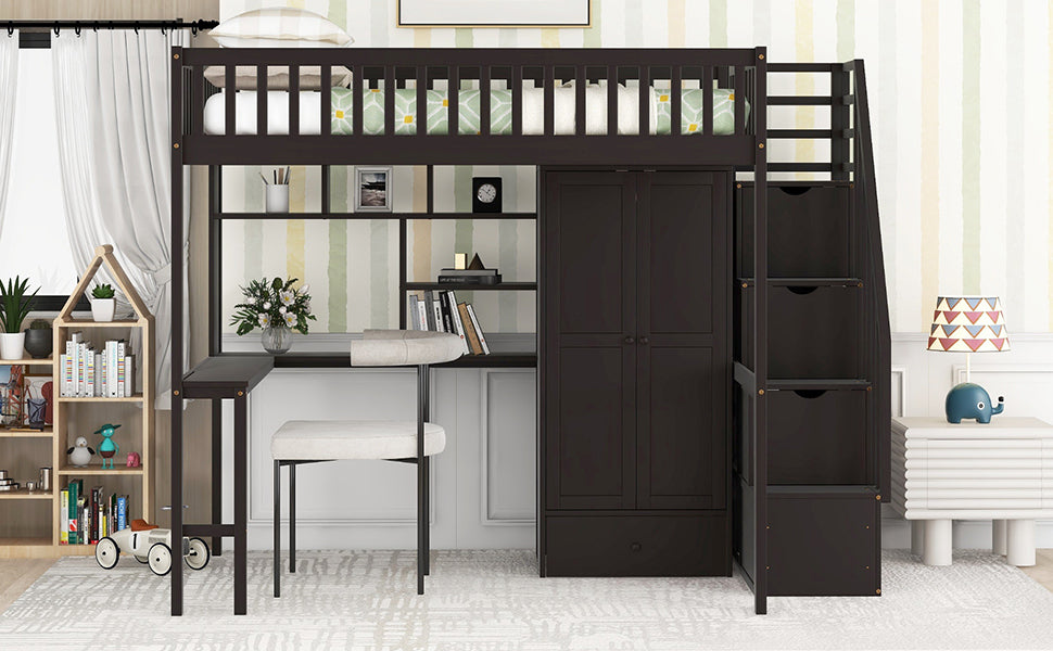 GFD Home - Full size Loft Bed with Bookshelf,Drawers,Desk,and Wardrobe-Espresso - GreatFurnitureDeal