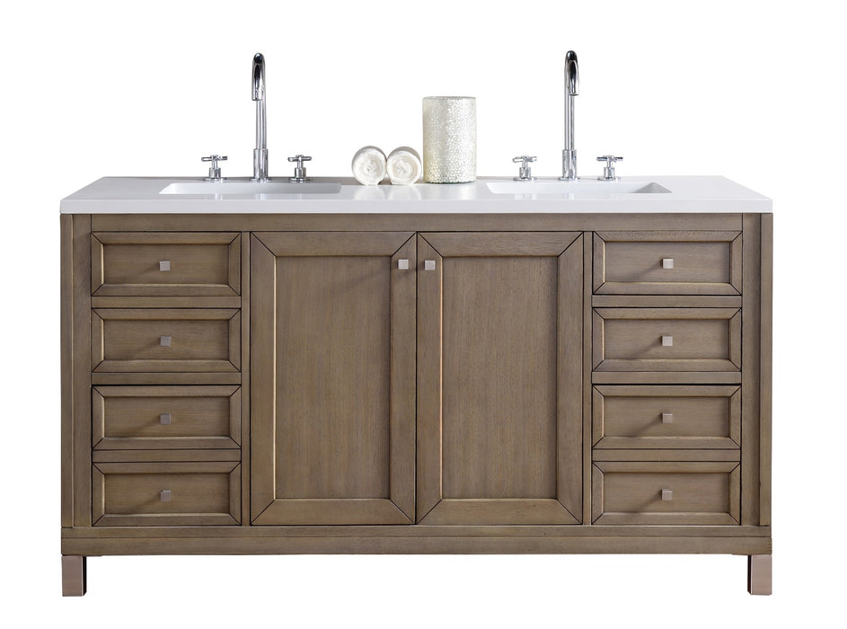 James Martin Furniture - Chicago 60" Double Vanity Whitewashed Walnut, w- 3 CM Classic White Quartz Top - 305-V60D-WWW-3CLW - GreatFurnitureDeal