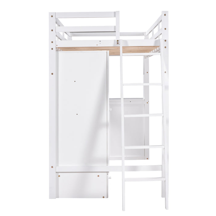 GFD Home - Twin Size Loft Bed with Wardrobe and Drawers, attached Desk with Shelves, White - GreatFurnitureDeal