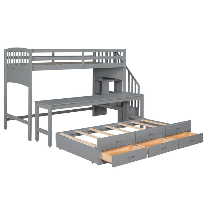 GFD Home - Stairway Twin XL Loft Bed with Twin Size Trundle and 3 Drawers, Storage, Desk, Gray - GreatFurnitureDeal