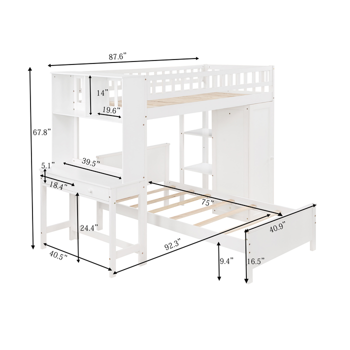 GFD Home - Twin Size Loft Bed with Closet and Desk, Extra Bottom Twin Bed, White - GreatFurnitureDeal