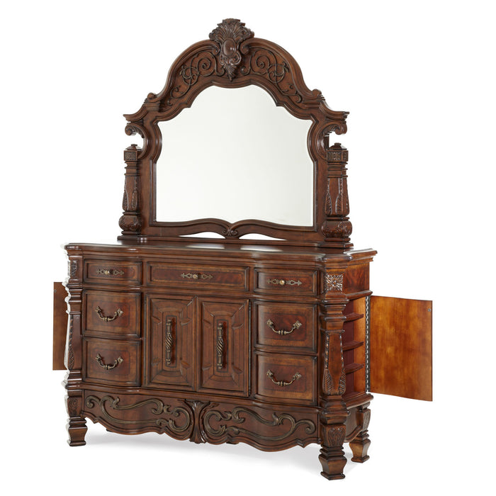 AICO Furniture - Windsor Court 4 Piece California King Mansion Bedroom Set in Vintage Fruitwood - 70000CKMB-54-4SET