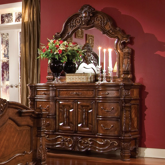 AICO Furniture - Windsor Court 4 Piece Queen Mansion Bedroom Set in Vintage Fruitwood - 70000QNMB-54-4SET