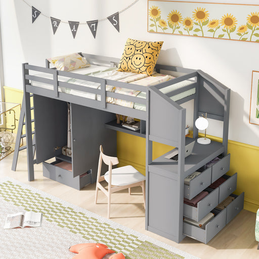 GFD Home - Twin Size Loft Bed with Wardrobe and Drawers, attached Desk with Shelves, Gray - GreatFurnitureDeal