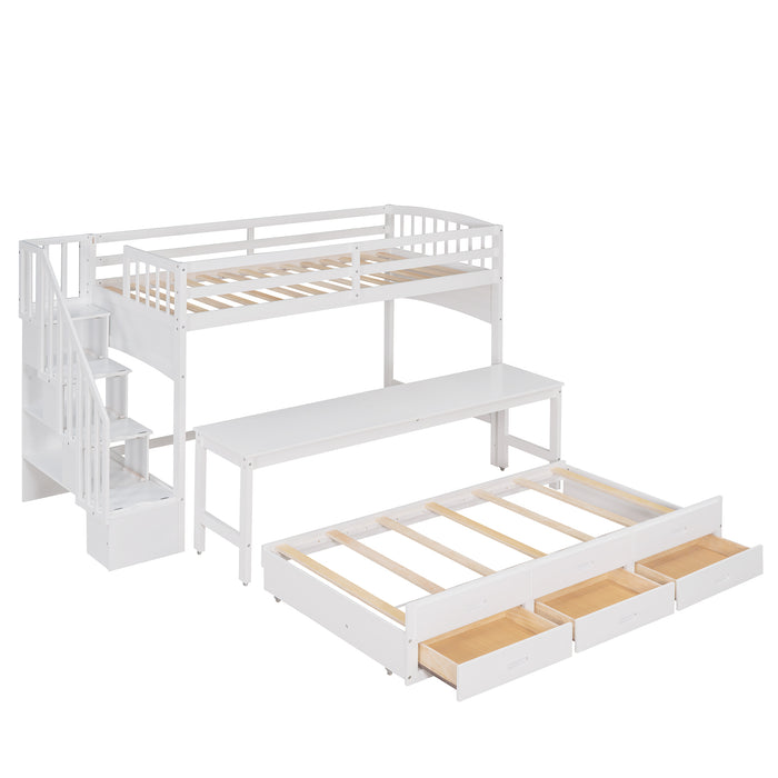 GFD Home - Stairway Twin XL Loft Bed with Twin Size Trundle and 3 Drawers, Storage, Desk, White - GreatFurnitureDeal