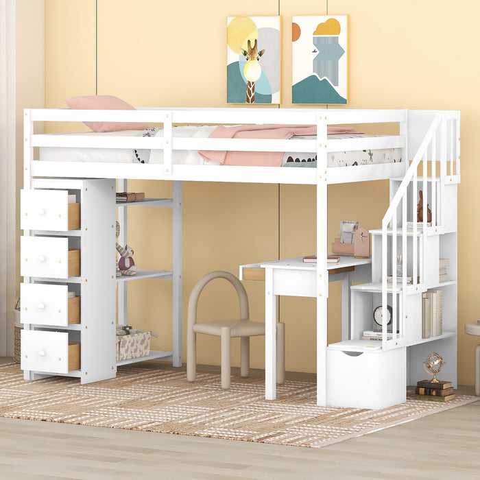 GFD Home - Twin size Loft Bed with Storage Drawers ,Desk and Stairs, Wooden Loft Bed with Shelves - White - GreatFurnitureDeal