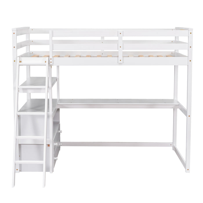 GFD Home - Twin Size Loft Bed with Desk and Shelves, Two Built-in Drawers, White (old SKU: GX000803AAK-1） - GreatFurnitureDeal