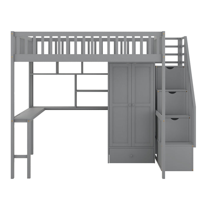 GFD Home - Full size Loft Bed with Bookshelf,Drawers,Desk,and Wardrobe-Gray - GreatFurnitureDeal