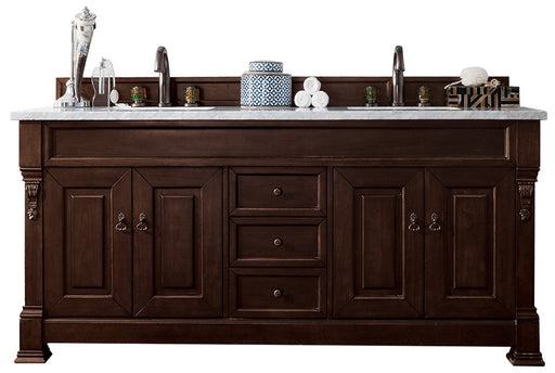 James Martin Furniture - Brookfield 72" Burnished Mahogany Double Vanity w- 3 CM Eternal Jasmine Pearl Quartz Top - 147-114-5761-3EJP - GreatFurnitureDeal