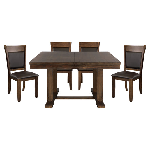 GFD Home - Transitional 5pc Dining Set Table with Self-Storing Leaf and Faux Leather Upholstered 4x Side Chairs Light Rustic Brown Finish Dining Room Furniture - GreatFurnitureDeal