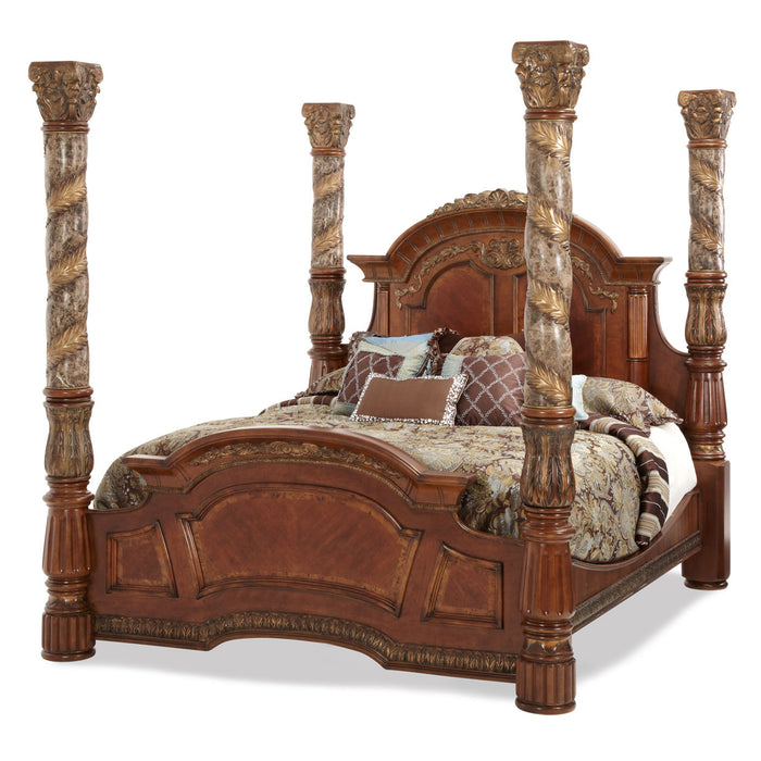 AICO Furniture - Villa Valencia King Poster Bed with Canopy in Chestnut - 72000EKCAN-55 - GreatFurnitureDeal