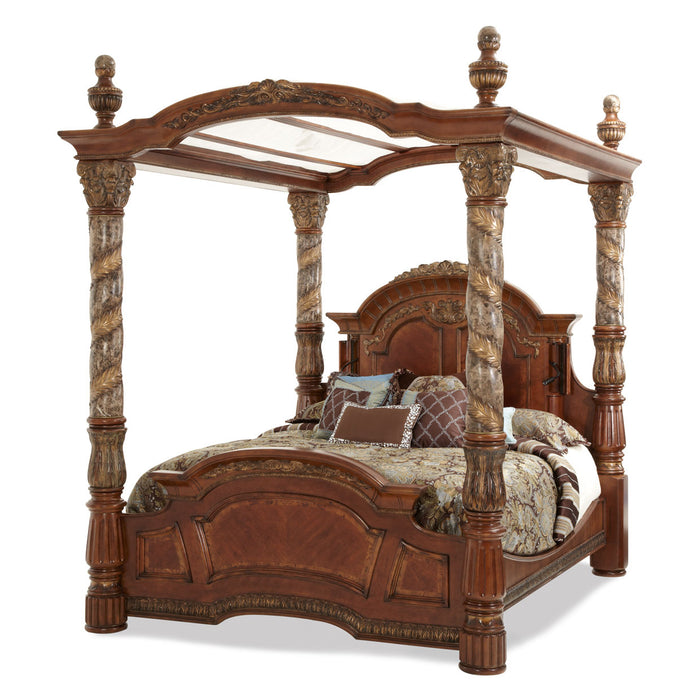 AICO Furniture - Villa Valencia King Poster Bed with Canopy in Chestnut - 72000EKCAN-55 - GreatFurnitureDeal