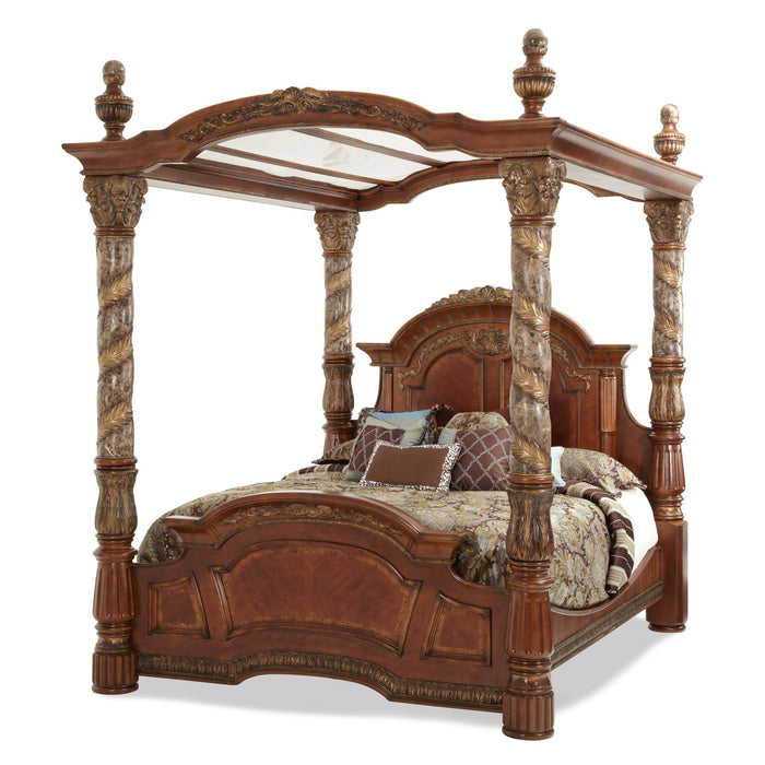 AICO Furniture - Villa Valencia 5 Piece California King Bedroom Set with Canopy in Chestnut - 72000CKCAN-55-5SET - GreatFurnitureDeal