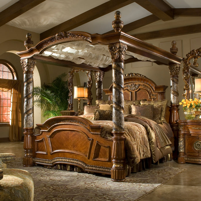 AICO Furniture - Villa Valencia 4 Piece California King Bedroom Set with Canopy in Chestnut - 72000CKCAN-55-4SET - GreatFurnitureDeal