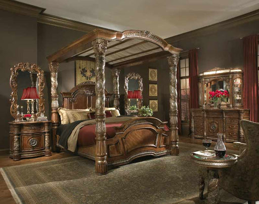 AICO Furniture - Villa Valencia 5 Piece Eastern King Poster Bedroom Set with Canopy in Chestnut - 72000EKCAN-55-5SET