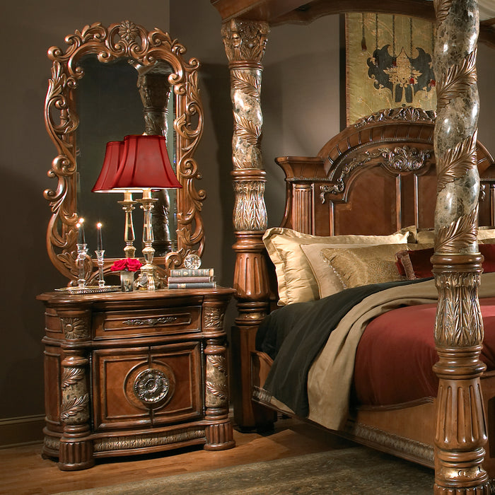 AICO Furniture - Villa Valencia Bedside Chest and Decorative Mirror Set in Chestnut - 72040-41-55
