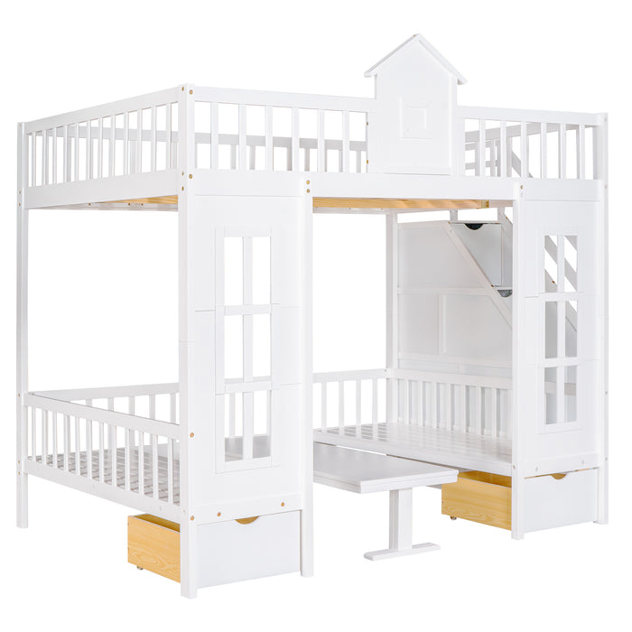 GFD Home - Full-Over-Full Bunk Bed with Changeable Table ,Bunk Bed Turn into Upper Bed and Down Desk - White - GreatFurnitureDeal