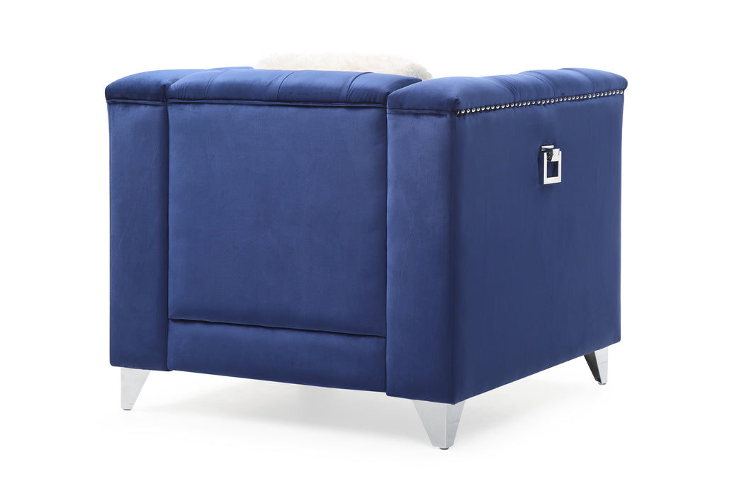 GFD Home - Russell Tufted Upholstery 3 Pc Living Room Set Finished in Velvet Fabric in Blue - GreatFurnitureDeal
