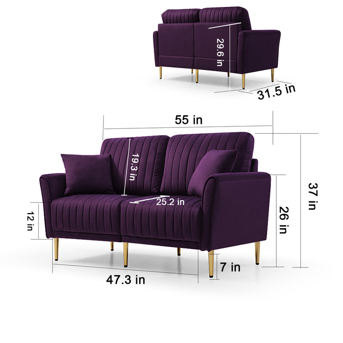 GFD Home - Modern Purple Velvet Upholstered 3-Piece Sectional Sofa Set, 3-Seater Sofa + 2 Piece Loveseat Sofa Couch with Sturdy Metel Legs for Living Room or Apartment - GreatFurnitureDeal