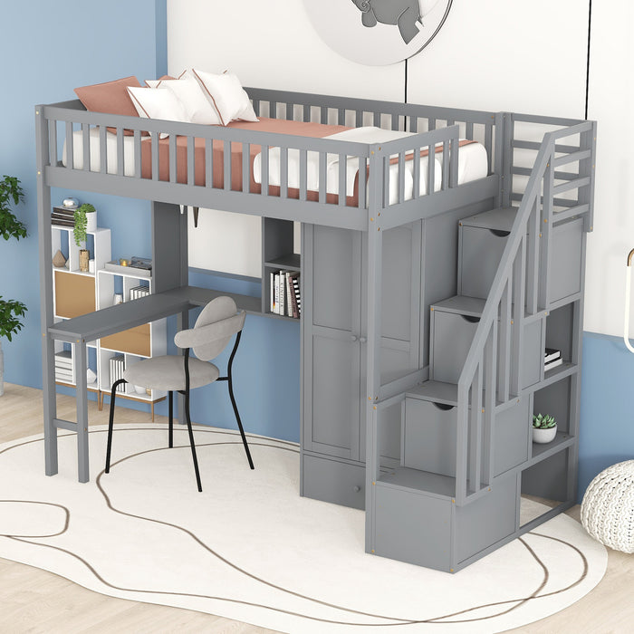 GFD Home - Twin size Loft Bed with Bookshelf,Drawers,Desk,and Wardrobe-Gray - GreatFurnitureDeal