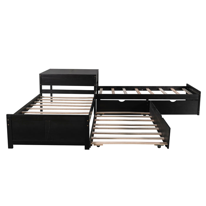 GFD Home - L-shaped Platform Bed with Trundle and Drawers Linked with built-in Desk,Twin,Espresso - GreatFurnitureDeal