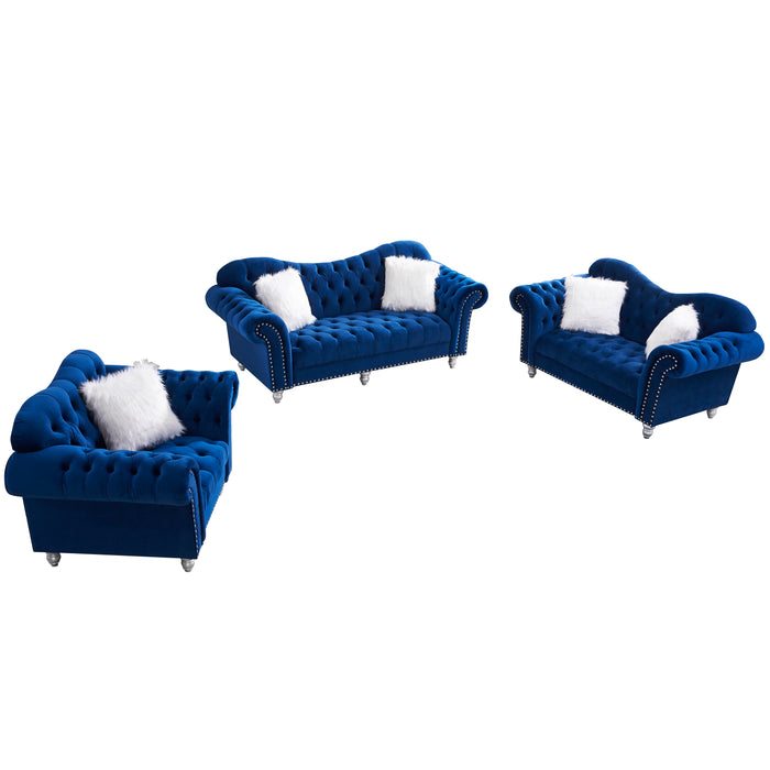 GFD Home - 3 Piece Living Room Sofa Set, including 3-Seater Sofa, Loveseat and Sofa Chair, with Button and Copper Nail on Arms and Back, Five White Villose Pillow, Blue.